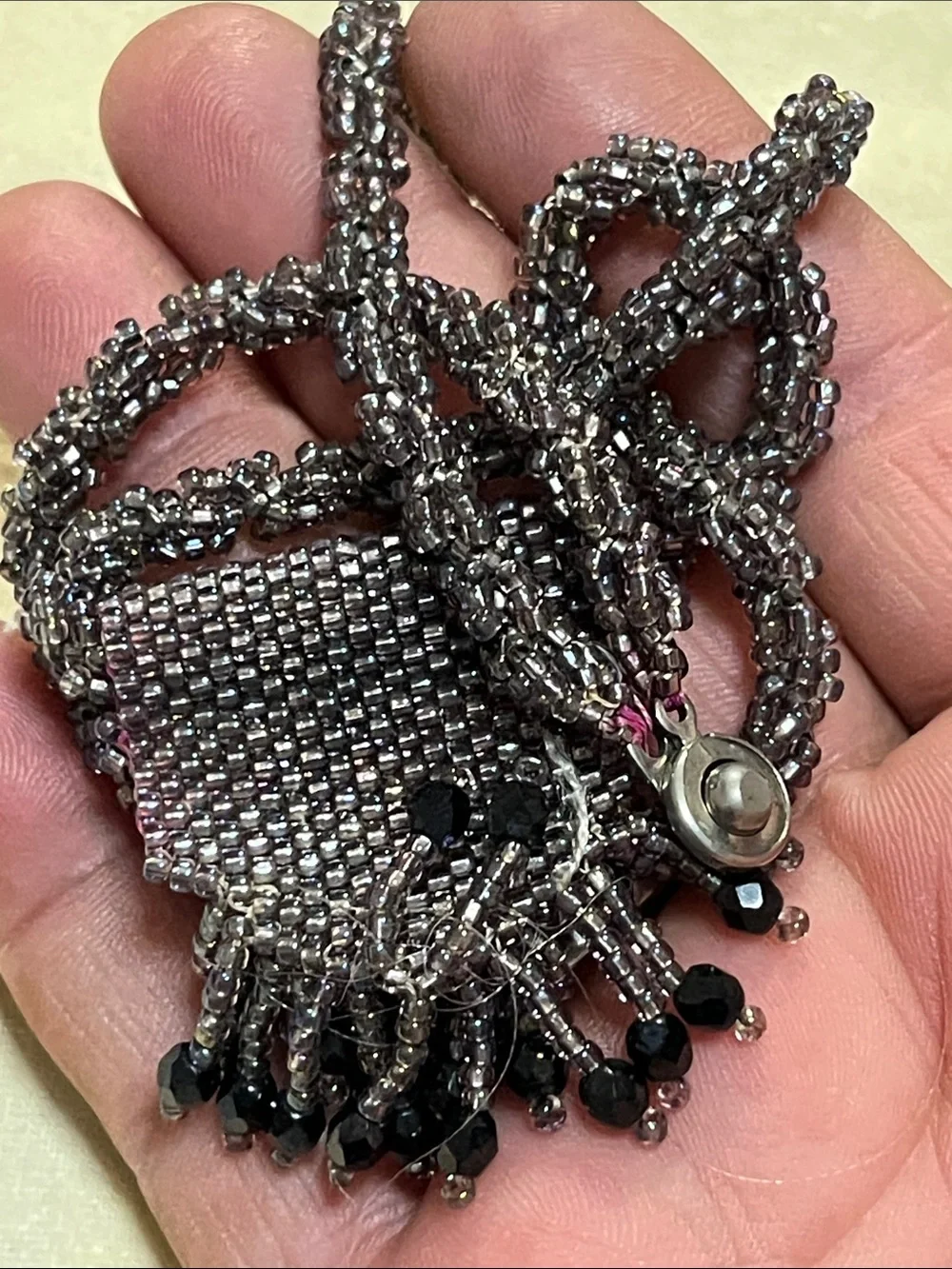 Ralph Lauren Double RL Gunmetal Beaded Fringe Necklace with Black Bead Tassels